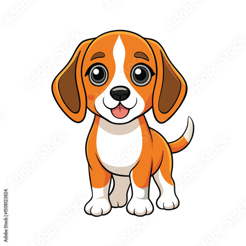 Cute Cartoon Beagle Puppy Character with White Chest and Tail Tip Posing
