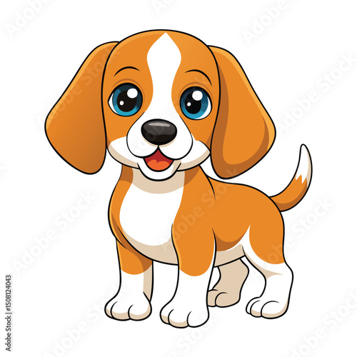 Cute Cartoon Beagle Puppy Dog with Blue Eyes Standing Upright Animation Character