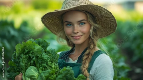 Beautiful Woman Farmer Holding Fresh Green Lettuce