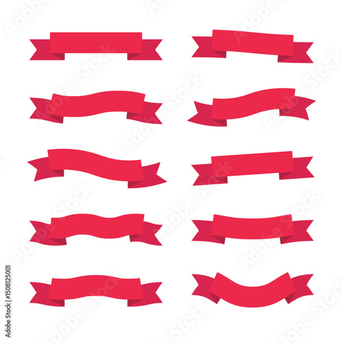 Set of red ribbon banners with multiple shapes and curves for festive or graphic use.