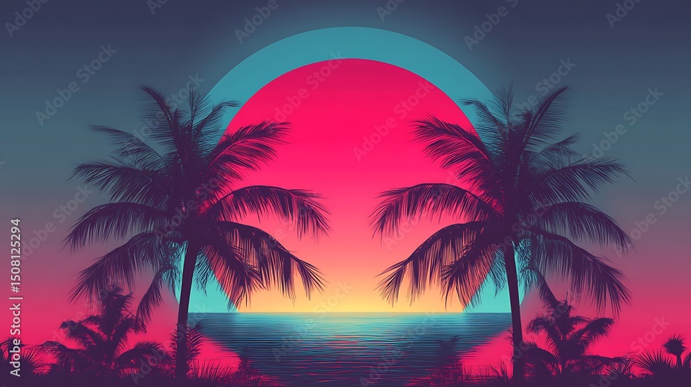 Fototapeta premium Vivid sunset over a tropical beach scene.