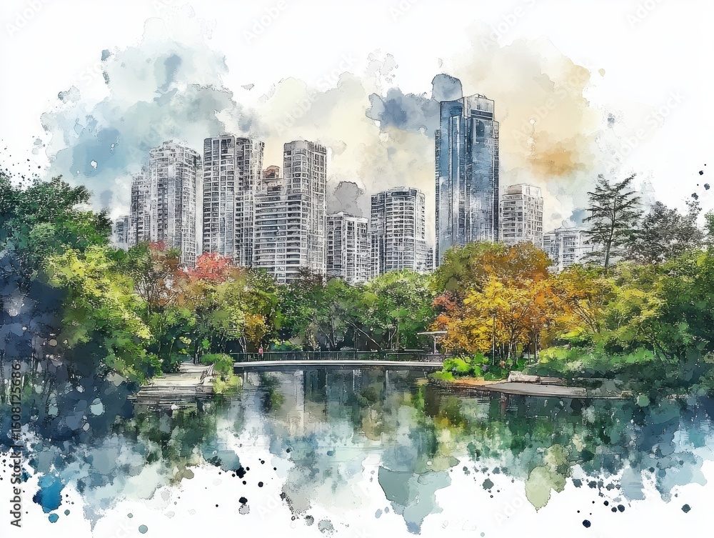 Naklejka premium Tranquil City Park Watercolor Painting Autumnal Trees and Skyscrapers