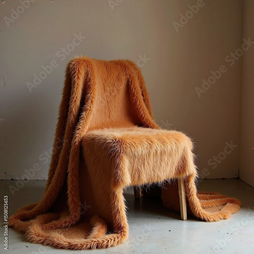 Modern Minimalist Chair Draped in Luxurious Orange Faux Fur Blanket, Showcasing Cozy Interior Texture and Warm Tactile Aesthetics

