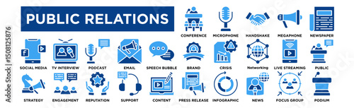 Public Relations icon collection set. Press Conference, Microphone, Handshake, Megaphone, Newspaper