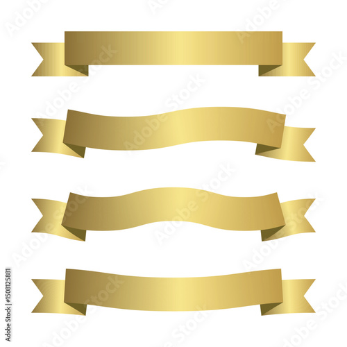 Golden ribbon banner set with realistic shading and curved forms.