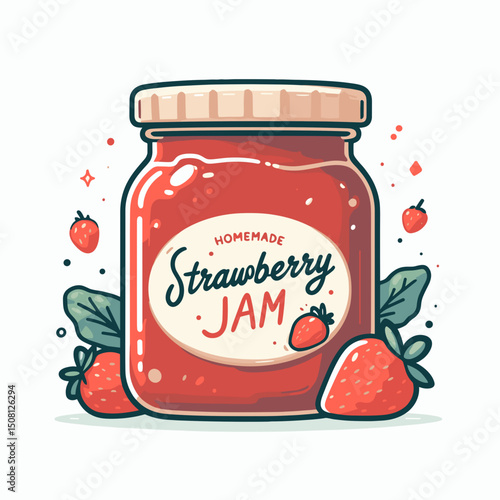 Homemade strawberry jam in glass jar with label