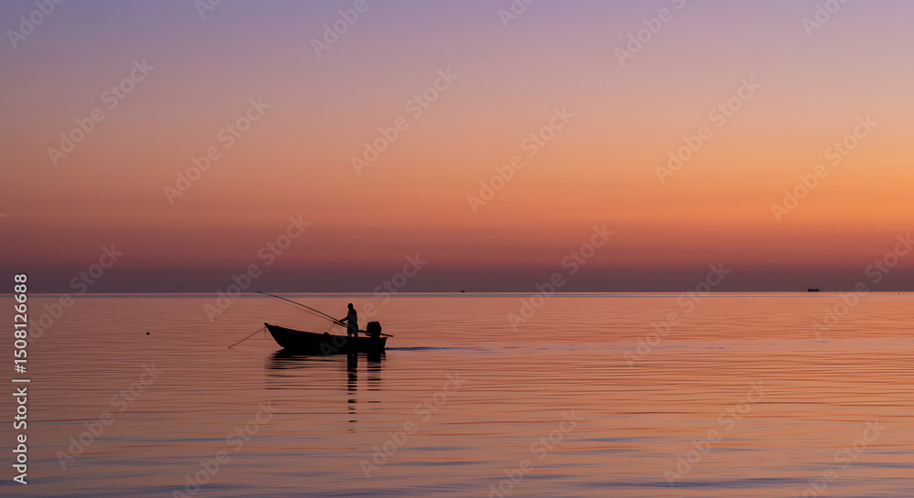 Fototapeta premium Serene Sunset Silhouette Fisherman in Small Boat at Dawn on Calm Ocean Waters