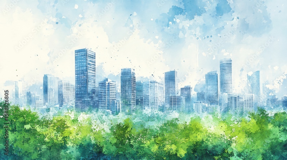 Obraz premium Serene Cityscape Watercolor Painting Blue Buildings Amidst Lush Greenery