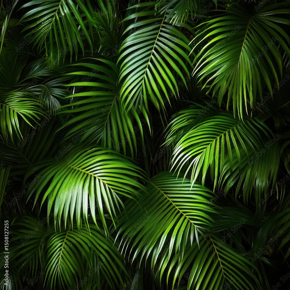 Obraz premium Lush green palm fronds tropical paradise. A lush green jungle with palm trees and leaves. Concept of tranquility and natural beauty.