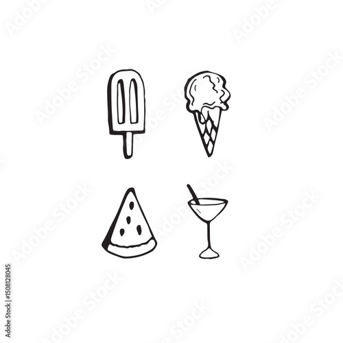 Set of summer food doodle isolated on white background