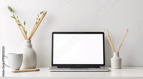 Cropped shot of modern workspace with blank screen laptop, frame, pencils, coffee cup and vase on white table with white wall background    