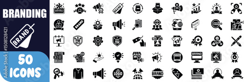 Fifty branding icons marketing strategy set