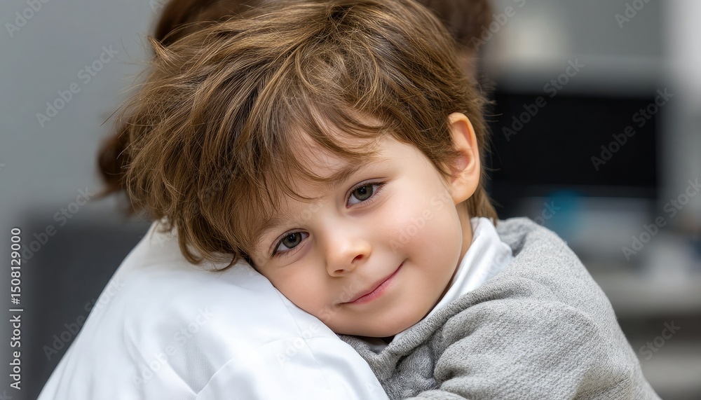A young boy with brown hair smiles gently while hugging an adult, conveying warmth and affection. A young boy with brown hair smiles gently while hugging an adult, conveying warmth and affection.