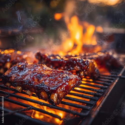 Close-up of glazed pork ribs grilling on charcoal with smoky flare-up and warm light