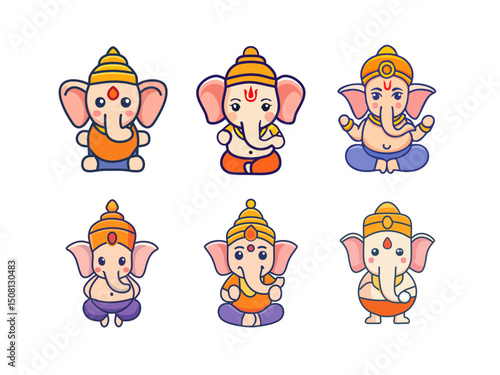Chibi Ganesha Vector Set – Cute and Smiling Ganesh Deity Character in Cartoon Style with Colorful Outfits and Holy Symbols