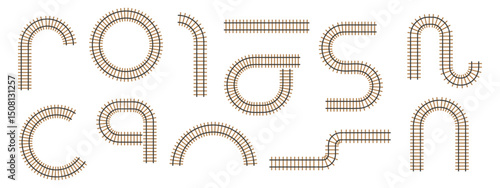Train track railway segments in various forms. Rail road pattern bundle with straight and curved railroad elements. 3D circular line layout collection for maps and freight schemes. Vector.
