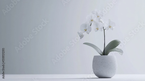 Elegant orchid in a minimalist ceramic pot placed on a seamless white background, petals gently arched