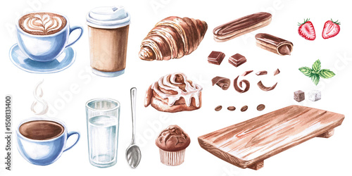 Set of coffee cup, glass of water, croissant, bun, muffin, chocolate pieces, ekeler, strawberry slices, coffee beans, wooden stand, Isolated watercolor illustration on coffee shop theme.