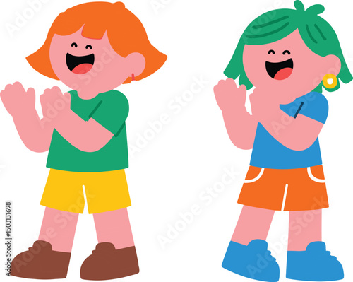 Happy cheerful kids clapping hands, colorful cartoon children with orange and green hair, playful summer clothing, vector illustration