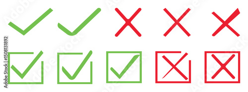 Check mark icon set with editable strokes. Accepted, rejected, approved. Validation and refusal icon.