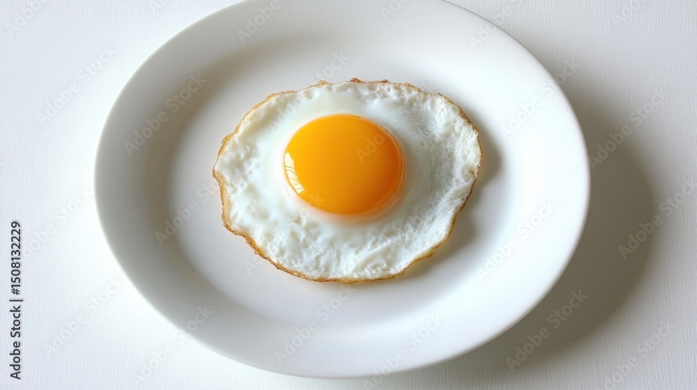 Fried egg with a runny yolk and neatly trimmed edges arranged alone on a minimal plate on white surface Fried egg with a runny yolk and neatly trimmed edges arranged alone on a minimal plate on white surface