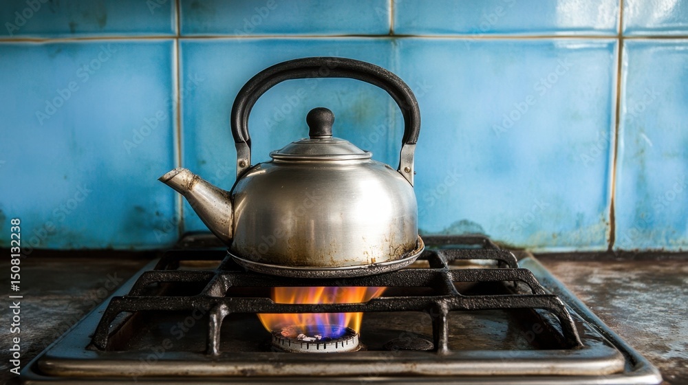 Gas burner supporting a heating kettle, captured in a minimal overhead kitchen shot Gas burner supporting a heating kettle, captured in a minimal overhead kitchen shot