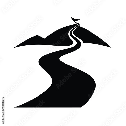 Black and white minimalist road leading through mountain peaks towards a goal