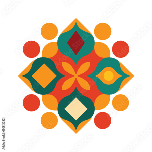 Colorful geometric floral design featuring circles and squares on a clean white background