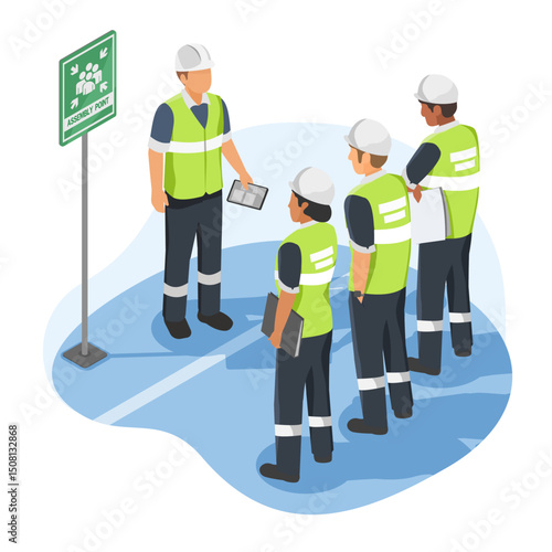 Construction team gathered at emergency assembly point for effective safety planning and efficient coordination briefing on site teamwork concept