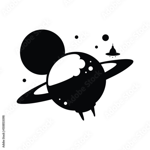 Simple black and white illustration of a planet with rings and space elements isolated