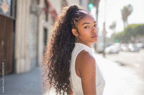 Beautiful african american woman with curly ponytail on the sidewalk in Los Angeles, California