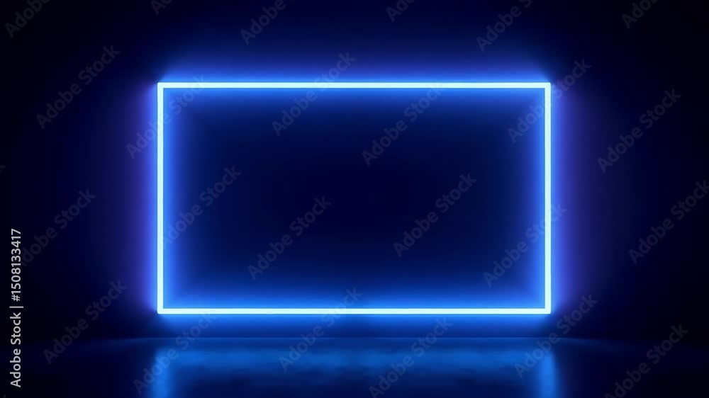 A glowing blue rectangle frame against a dark background with a reflective surface below it A glowing blue rectangle frame against a dark background with a reflective surface below it