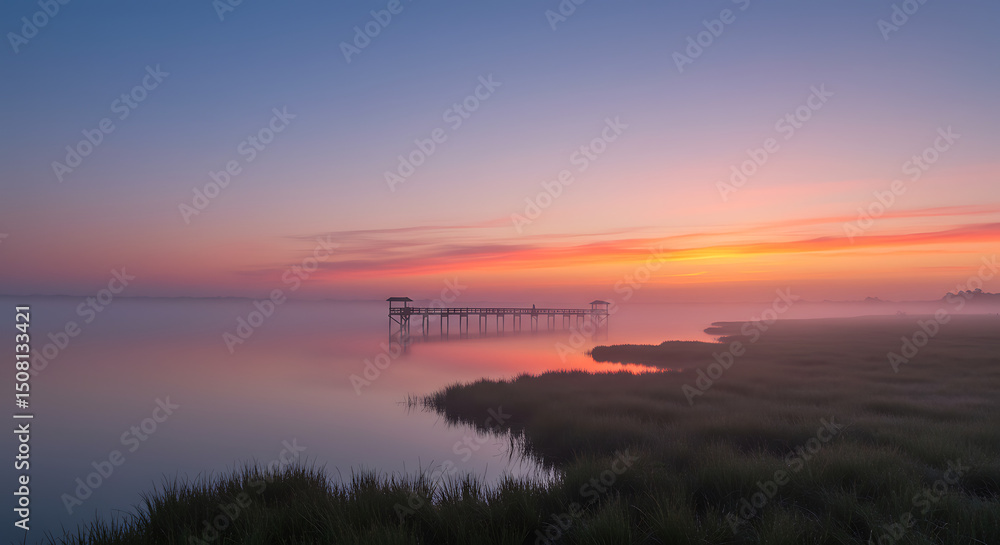 Obraz premium Serene Sunrise over Misty Marsh with Long Wooden Pier