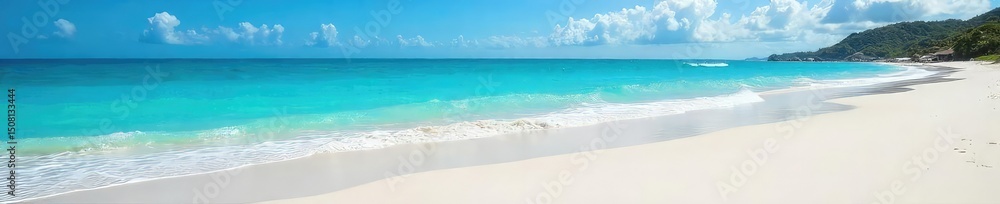 Obraz premium Serene coastal scene featuring pristine white sand, turquoise ocean waves gently lapping the shore, and a clear blue sky Perfect for travel, vacation, or summer themes , relaxation, ocean, sky