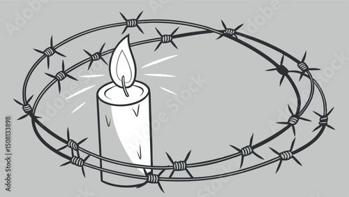 Minimalist candle and barbed wire illustration – symbol of remembrance, light in darkness, and silent tribute