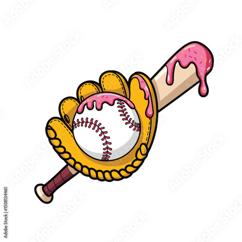 baseball bat and glove ball dripping donut sprinkles vector illustration