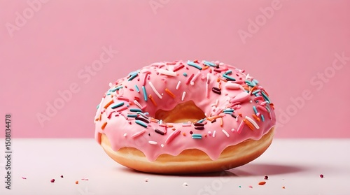Smiling Pink Donut with Sprinkles on white background.generative.ai