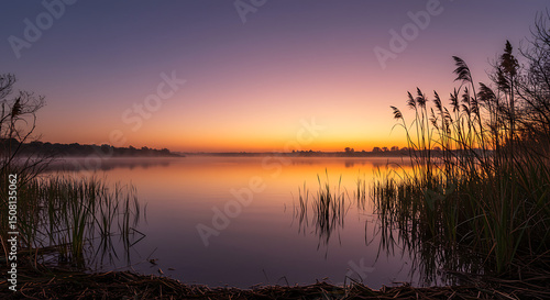 Wallpaper Mural Serene Sunrise over Misty Lake with Reeds and Golden Sky Reflection Torontodigital.ca