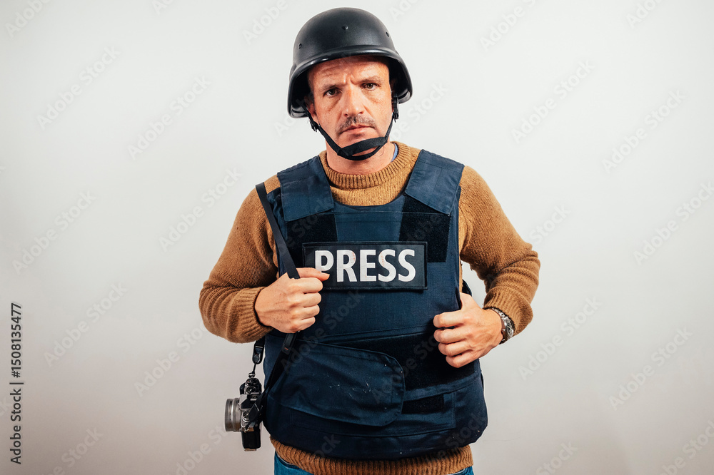 Obraz premium Reporter in bulletproof vest with a camera.