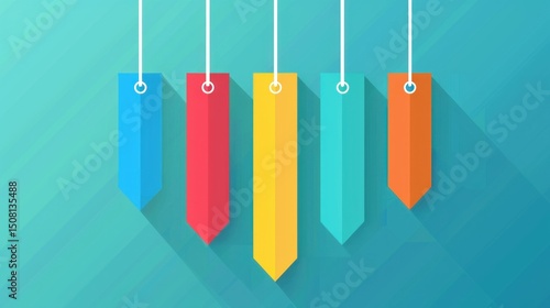 Five colorful paper clips hanging from a string against a blue background.
