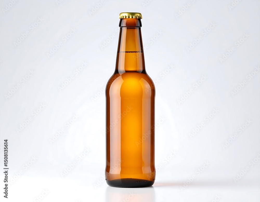 Amber glass bottle, clear liquid, gold cap, studio lighting Amber glass bottle, clear liquid, gold cap, studio lighting