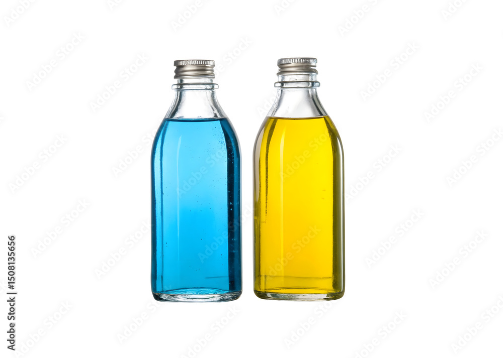Two glass bottles with blue and yellow liquid isolated on transparent background Two glass bottles with blue and yellow liquid isolated on transparent background