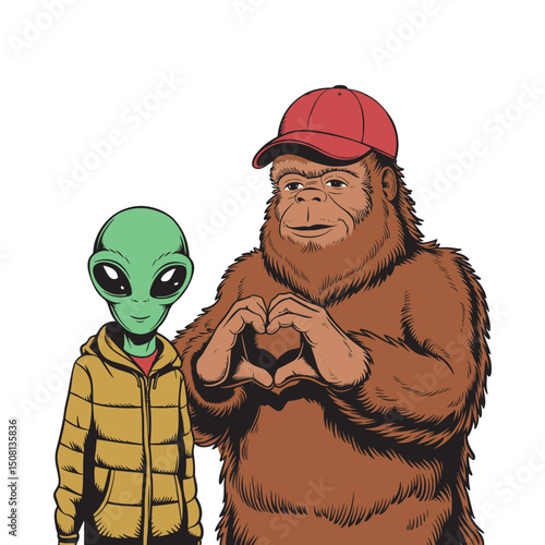 Alien Bigfoot hugging friendship vector illustration