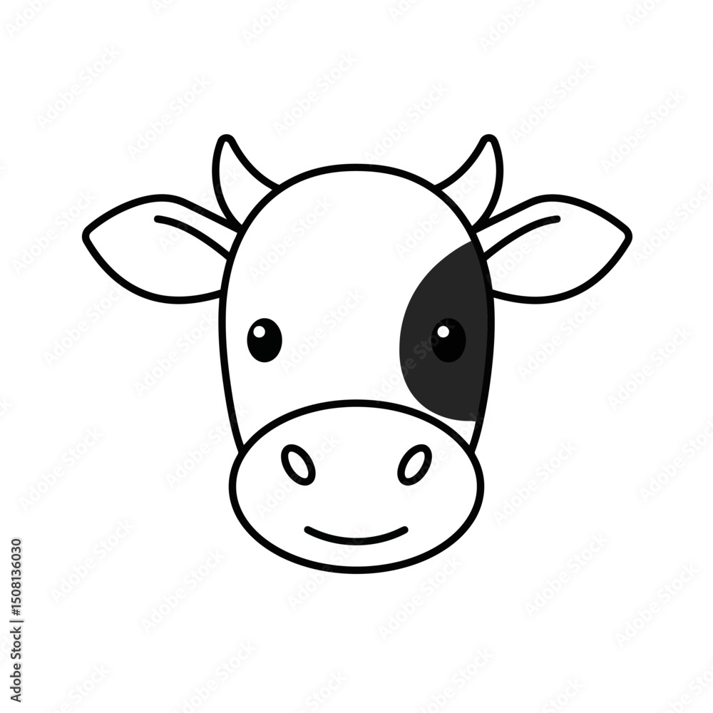 Fototapeta premium Cartoon Cow Head - Simple Black and White Illustration