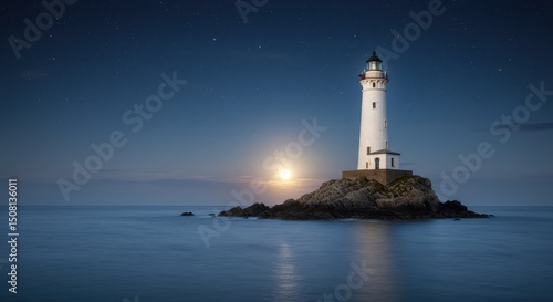 Wallpaper Mural Serene Nightscape with Radiant Lighthouse Illuminating Rocky Coastline Under Moonlight in Calm Waters Against Starry Sky Torontodigital.ca