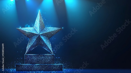 Detailed star-shaped award on a pedestal, rendered in a vibrant blue light.