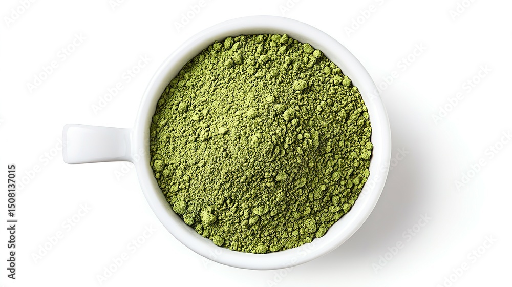 Green powder in a white bowl. Green powder in a white bowl.