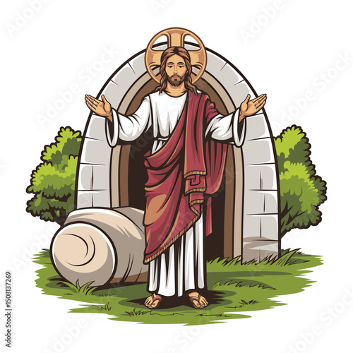 Risen Christ Art – Powerful risen Jesus at the tomb entrance, celebrating Easter, faith, and salvation vector design