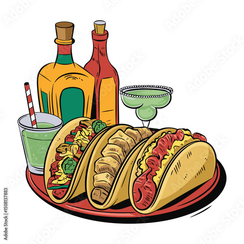 Mexican food, tacos, drink, sombrero vector illustration design
