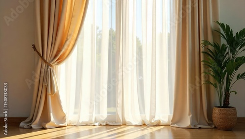 Elegant, flowing sheer curtains gently billowing in a sunlit room, adding a touch of airy sophistication and privacy Perfect for home decor, interior design, and lifestyle imagery , design, elegant